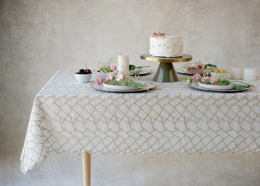 Sherlin Lace White and Beige Tablecloth Lined